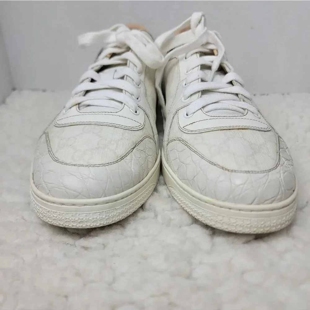 Gucci GG  Leather Low Top Sneakers White Croc Embossed Leather Mens 10 Italy